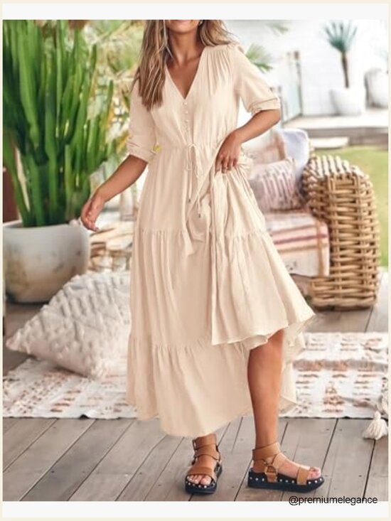 Short Sleeve V-Neck Maxi Dress with Drawstring Waist, Boho Style - Picture 6 of 7